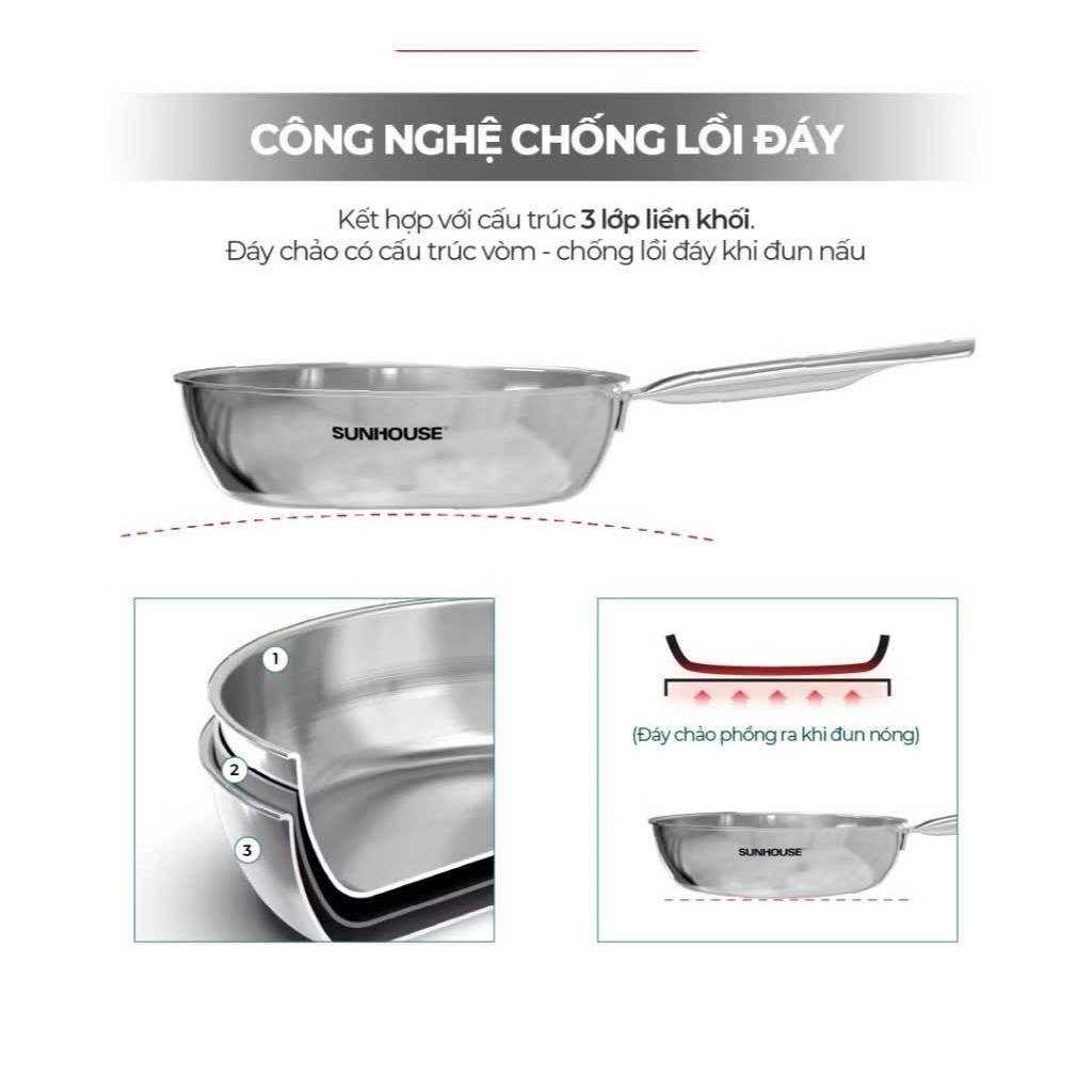 Chảo Inox 304 Đa Lớp Sunhouse IN20-24-26M7E, 3 Lớp Inox Liền Khối, Dùng Mọi Loại Bếp - JoyMall