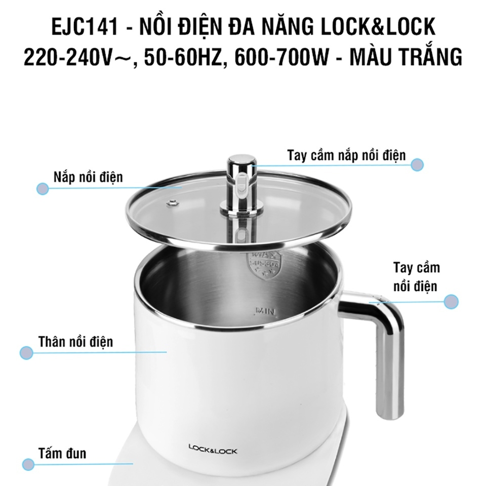 Nồi điện đa năng Lock&Lock 1,5L EJC141 - Hàng chính hãng, có thể dùng nấu lẩu, nấu mì, nấu nước, hâm nóng - JoyMall