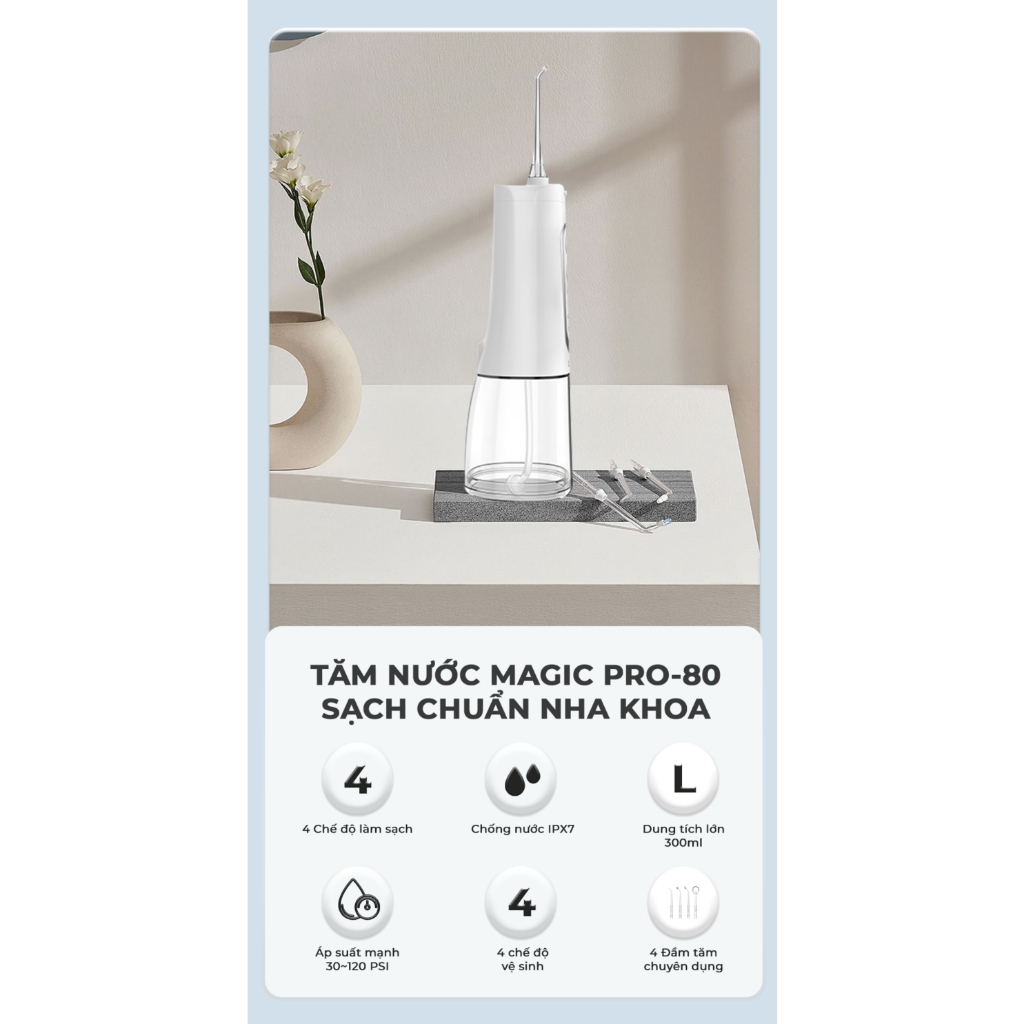 Tăm Nước Magic Eco PRO80, Hàng Chính Hãng, 4 Chế Độ Làm Sạch Răng Linh Hoạt - JoyMall