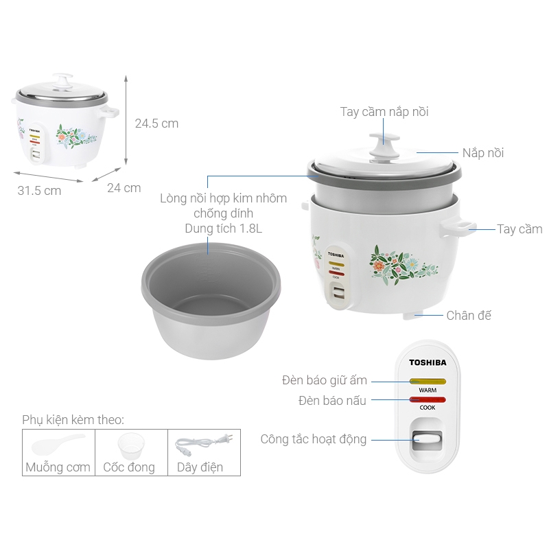 Nồi cơm điện nắp rời Toshiba RC-18MH1PV(F) 1.8L, Hàng chính hãng, Lòng nồi hợp kim nhôm phủ chống dính, 2 chế độ-JoyMall