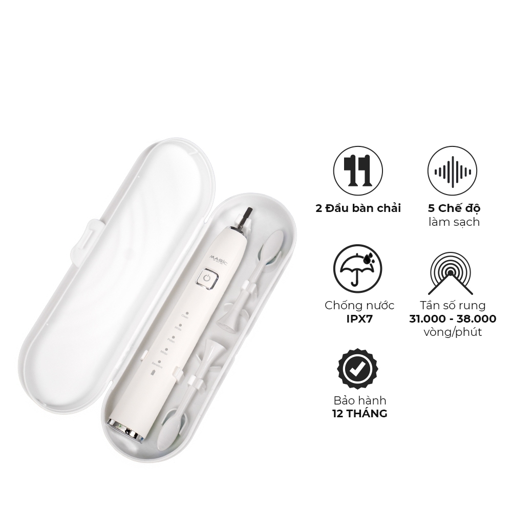 Bàn chải điện Magic B-25, Hàng chính hãng, 5 chế độ làm sạch, chống nước IPX7, kèm 2 đầu bàn chải - JoyMall
