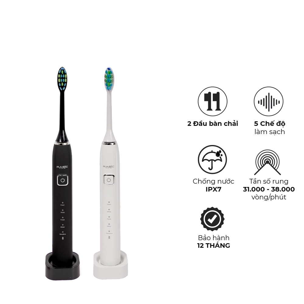 Bàn chải điện Magic B-25, Hàng chính hãng, 5 chế độ làm sạch, chống nước IPX7, kèm 2 đầu bàn chải - JoyMall