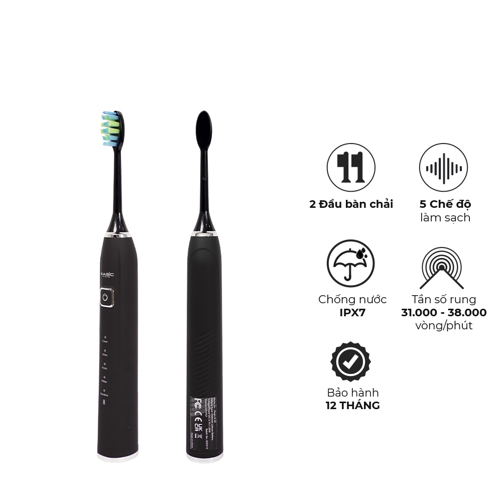 Bàn chải điện Magic B-25, Hàng chính hãng, 5 chế độ làm sạch, chống nước IPX7, kèm 2 đầu bàn chải - JoyMall