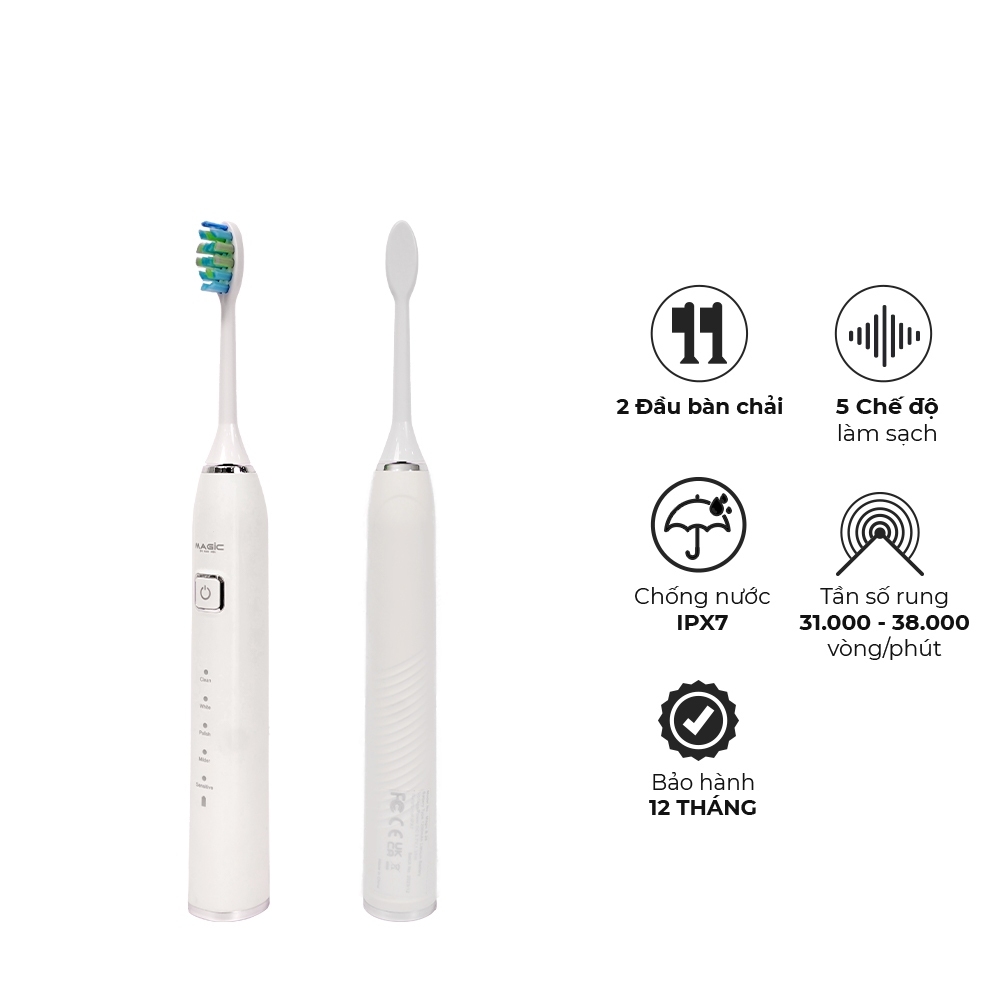 Bàn chải điện Magic B-25, Hàng chính hãng, 5 chế độ làm sạch, chống nước IPX7, kèm 2 đầu bàn chải - JoyMall