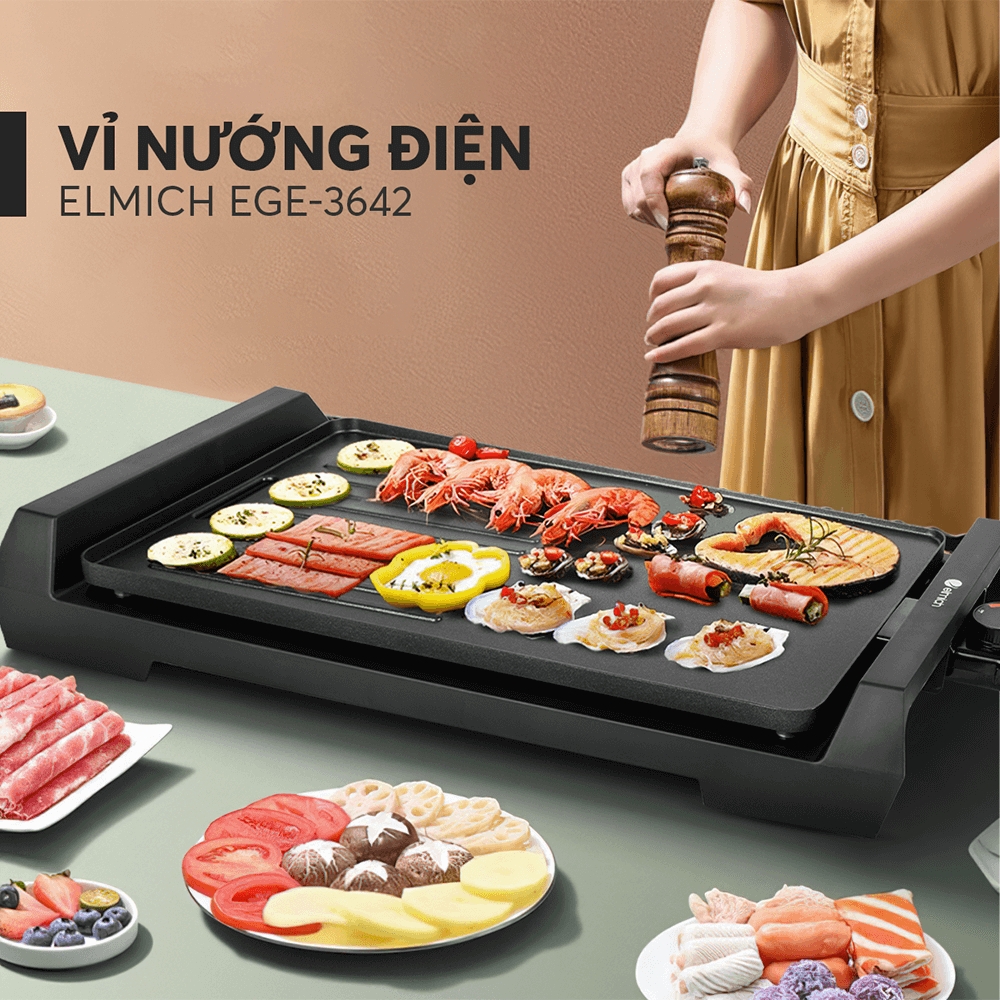 Vỉ Nướng Điện Chống Dính Chính Hãng Elmich EGE-3642 1800W, Hàng chính hãng, có khay hứng mỡ, 5 mức độ nhiệt - JoyMall