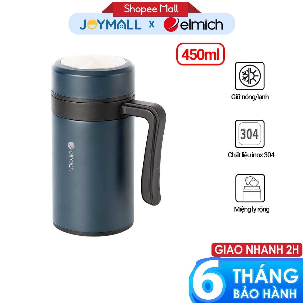 Ly giữ nhiệt inox 304 Elmich EL8329 450ml, Hàng chính hãng, có tay cầm, có khay lọc trà, miệng rộng dễ vệ sinh - JoyMall