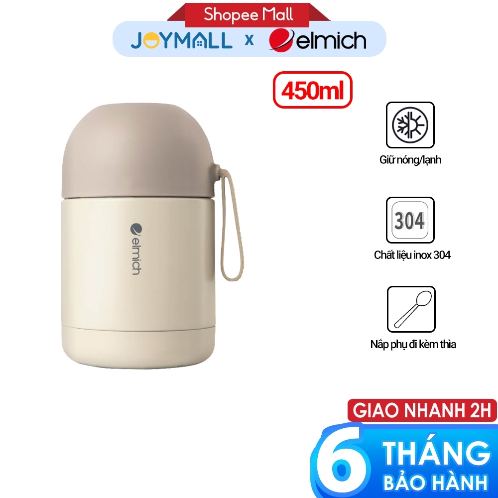 Bình đựng thức ăn giữ nhiệt inox 304 Elmich EL8301 450ml,Hàng chính hãng, nắp phụ đi kèm thìa, dây xách silicone JoyMall