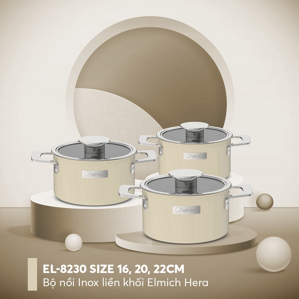 Bộ nồi Inox liền khối Elmich Hera EL-8230/EL-8190 size 16, 20, 22cm - Hàng chính hãng, lỗ thoát hơi to - JoyMall