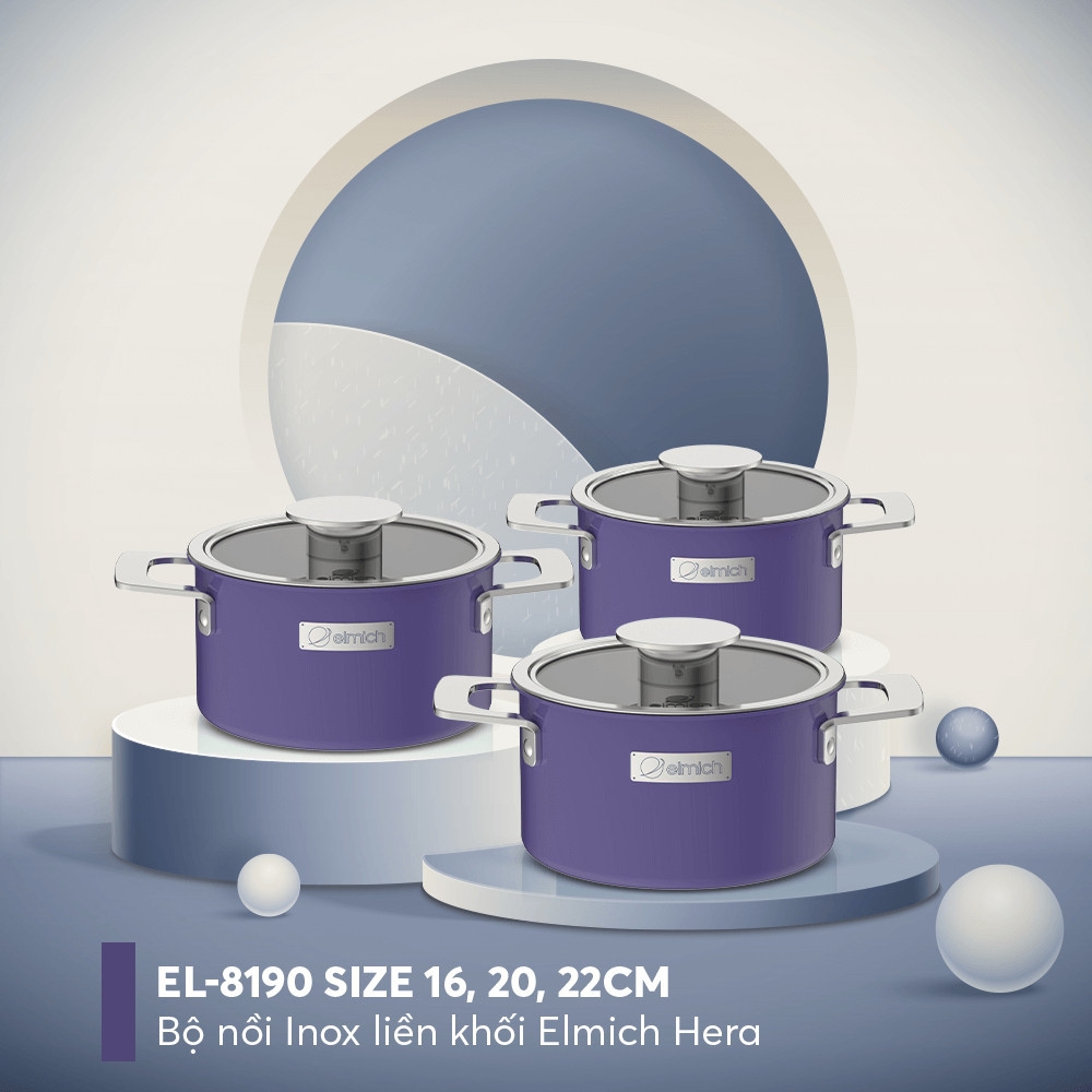Bộ nồi Inox liền khối Elmich Hera EL-8230/EL-8190 size 16, 20, 22cm - Hàng chính hãng, lỗ thoát hơi to - JoyMall