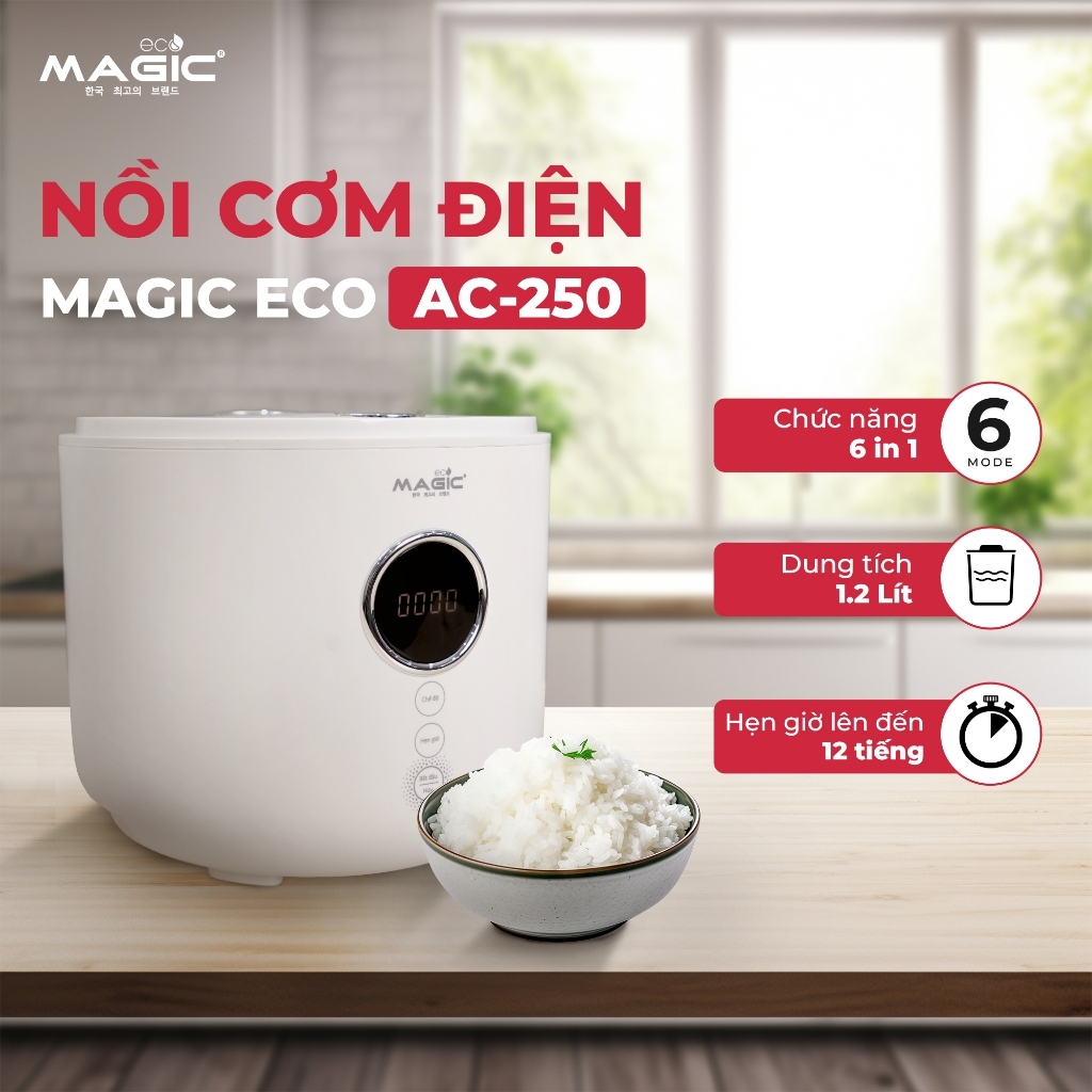 Nồi cơm điện tử 1,2 lít Magic Eco AC-250, Hàng chính hãng, lòng nồi chống dính, 6 chế độ nấu, làm nóng 360 độ - JoyMall