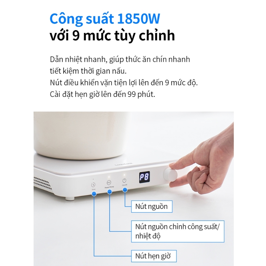 Bếp điện từ LocknLock Bianco EJI146WHT, Hàng chính hãng, Thiết kế siêu mỏng, Công suất mạnh, Đa chế độ nấu - JoyMall