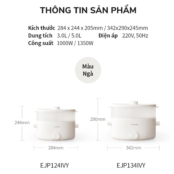 Nồi điện đa năng Bianco LocknLockEJP134IVY (5 lít), EJP124IVY ( 3 lít), Hàng Chính Hãng, Nấu nhanh, Phủ men sứ - JoyMall