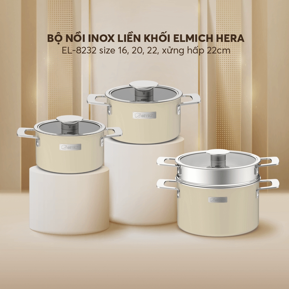 Bộ nồi Inox liền khối Elmich Hera EL-8236 3 nồi size 16, 18, 22 và chảo 20, 24, 26cm, Hàng chính hãng - JoyMall