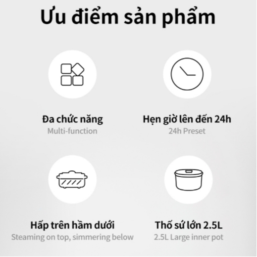 Nồi nấu chậm đa năng 2.5L Locknlock Bianco EJP164IVY, Hàng chính hãng, 4 thố sứ đi kèm, 7 chức năng, giữ ấm - JoyMall