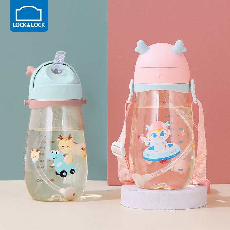 Bình nước nhựa LocknLock 450ml HAP910 Deer Kids, Hàng chính hãng, kèm ống hút silicone, dây đeo, họa tiết xinh-JoyMall