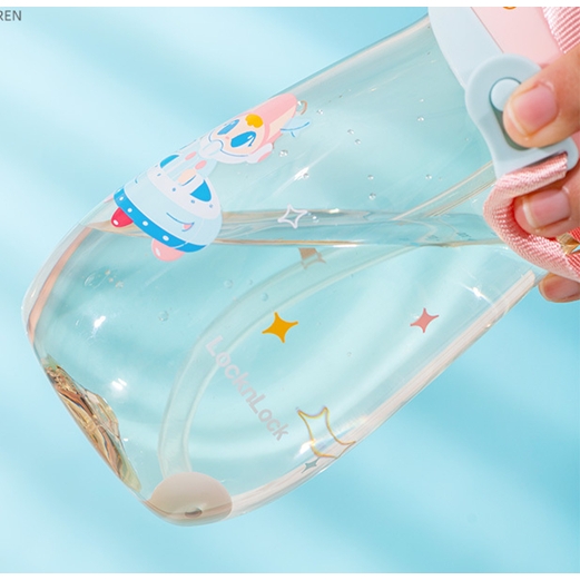 Bình nước nhựa LocknLock 450ml HAP910 Deer Kids, Hàng chính hãng, kèm ống hút silicone, dây đeo, họa tiết xinh-JoyMall