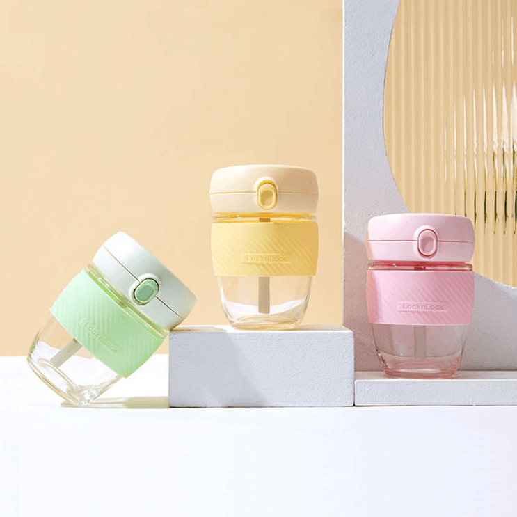 Bình nước thủy tinh bọc cách nhiệt 400ml LocknLock LLG968, Hàng chính hãng, có ống hút, mở 1 chạm - JoyMall