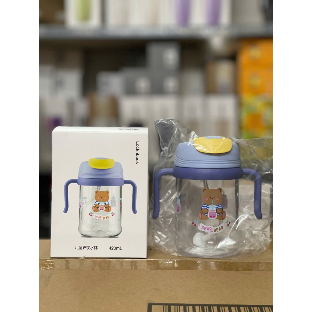 Bình nước nhựa LocknLock 420ml ABF852 Kids Dual, Hàng chính hãng, tay cầm đôi, họa tiết dễ thương kèm ống hút - JoyMall