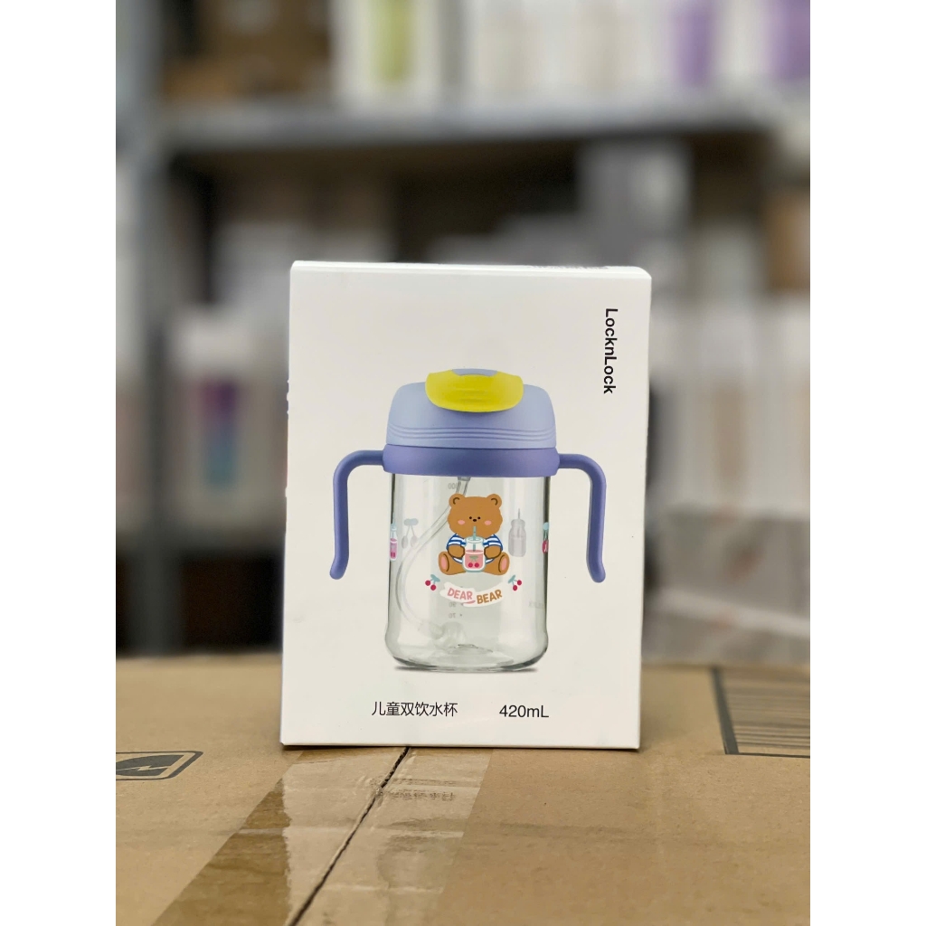 Bình nước nhựa LocknLock 420ml ABF852 Kids Dual, Hàng chính hãng, tay cầm đôi, họa tiết dễ thương kèm ống hút - JoyMall