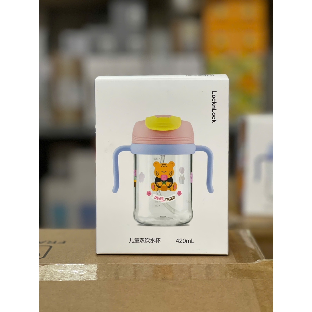 Bình nước nhựa LocknLock 420ml ABF852 Kids Dual, Hàng chính hãng, tay cầm đôi, họa tiết dễ thương kèm ống hút - JoyMall