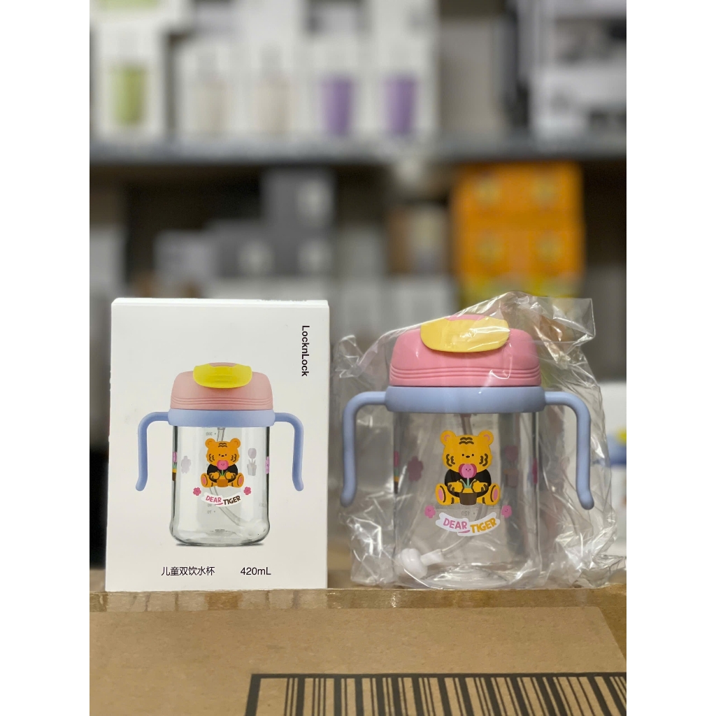 Bình nước nhựa LocknLock 420ml ABF852 Kids Dual, Hàng chính hãng, tay cầm đôi, họa tiết dễ thương kèm ống hút - JoyMall