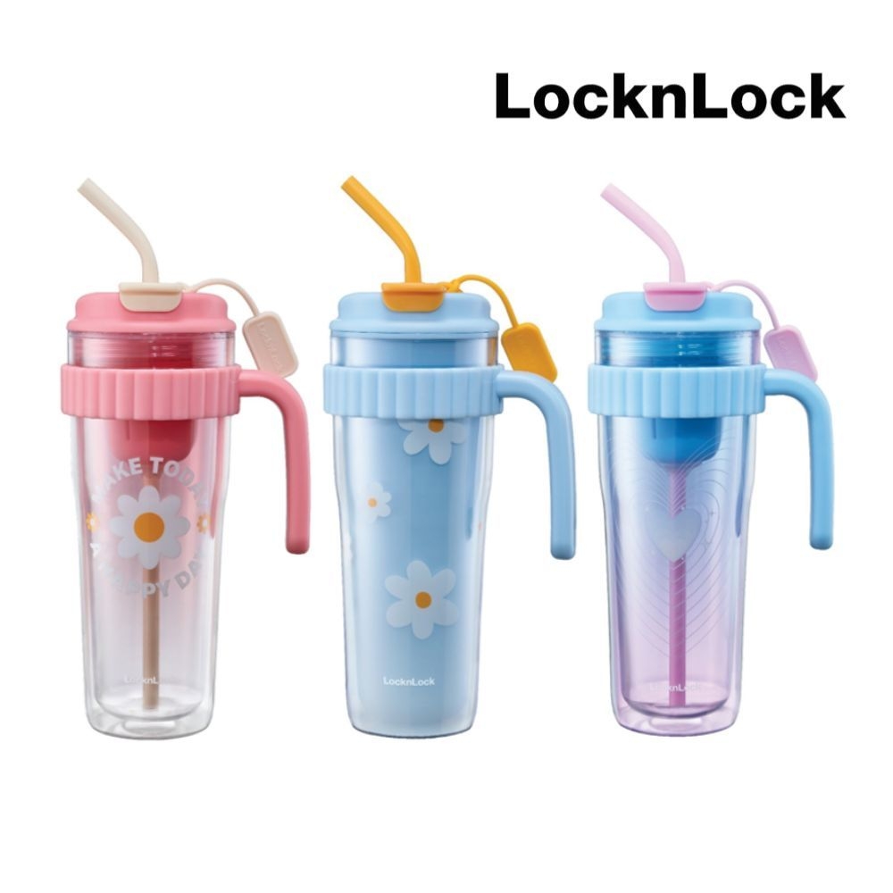Ly nhựa 2 lớp có tay cầm 890ml LocknLock HAP538, Hàng chính hãng, họa tiết dễ thương, kèm ống hút silicone - JoyMall