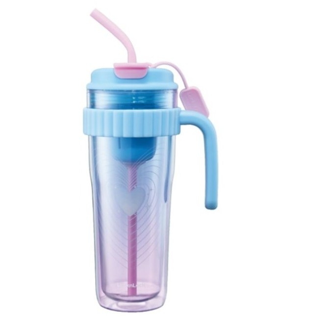 Ly nhựa 2 lớp có tay cầm 890ml LocknLock HAP538, Hàng chính hãng, họa tiết dễ thương, kèm ống hút silicone - JoyMall