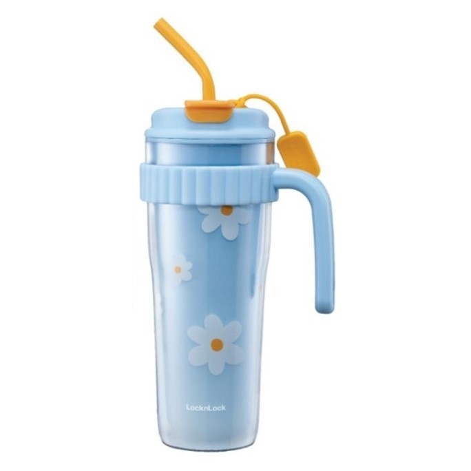 Ly nhựa 2 lớp có tay cầm 890ml LocknLock HAP538, Hàng chính hãng, họa tiết dễ thương, kèm ống hút silicone - JoyMall