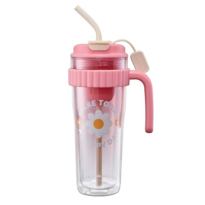 Ly nhựa 2 lớp có tay cầm 890ml LocknLock HAP538, Hàng chính hãng, họa tiết dễ thương, kèm ống hút silicone - JoyMall