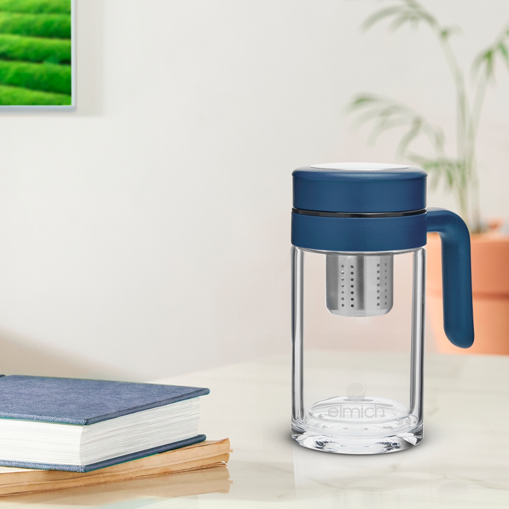 Cốc nước thủy tinh cao cấp 400ml Elmich EL-8351, Hàng chính hãng, có tay cầm, nắp tích hợp lọc trà, chống tràn - JoyMall