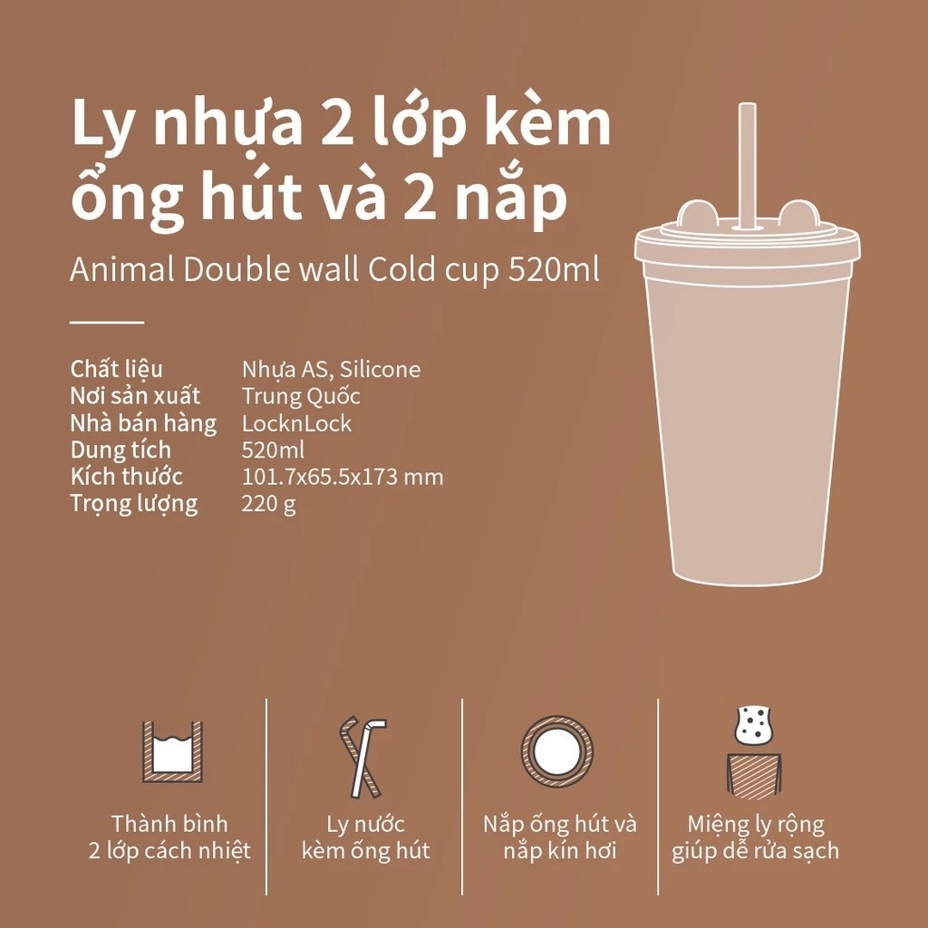 Ly nhựa 2 lớp 520ml Lock&Lock Double Wall Cold Cup HAP511, Hàng chính hãng, họa tiết dễ thương, kèm ống hút - JoyMall