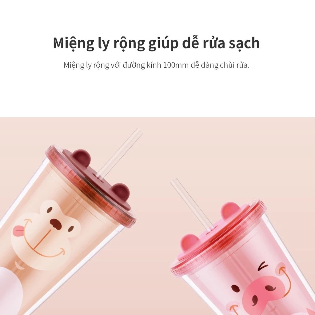 Ly nhựa 2 lớp 520ml Lock&Lock Double Wall Cold Cup HAP511, Hàng chính hãng, họa tiết dễ thương, kèm ống hút - JoyMall