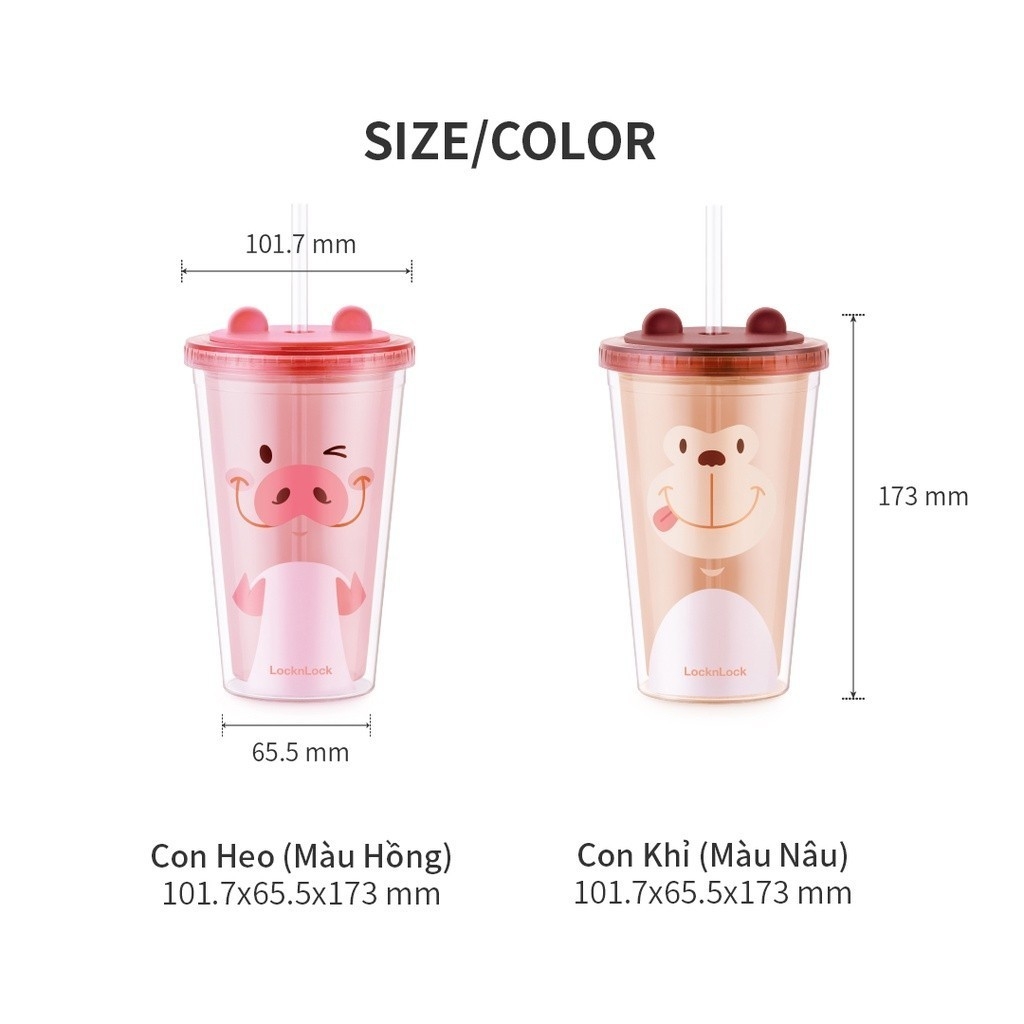 Ly nhựa 2 lớp 520ml Lock&Lock Double Wall Cold Cup HAP511, Hàng chính hãng, họa tiết dễ thương, kèm ống hút - JoyMall