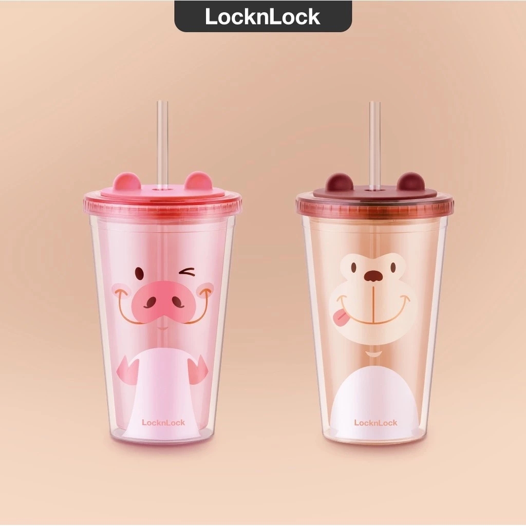Ly nhựa 2 lớp 520ml Lock&Lock Double Wall Cold Cup HAP511, Hàng chính hãng, họa tiết dễ thương, kèm ống hút - JoyMall