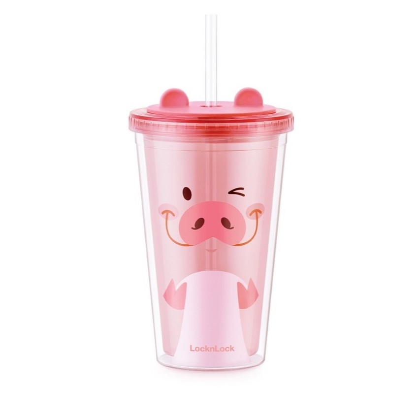 Ly nhựa 2 lớp 520ml Lock&Lock Double Wall Cold Cup HAP511, Hàng chính hãng, họa tiết dễ thương, kèm ống hút - JoyMall