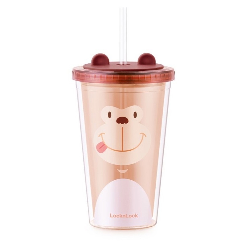 Ly nhựa 2 lớp 520ml Lock&Lock Double Wall Cold Cup HAP511, Hàng chính hãng, họa tiết dễ thương, kèm ống hút - JoyMall