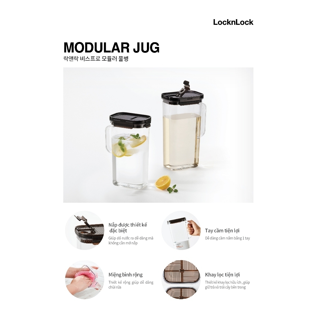 Bình nước nhựa 1.5L LocknLock Modular Jug ABF738, Hàng chính hãng, nắp kín, an toàn sức khỏe, có tay cầm - JoyMall