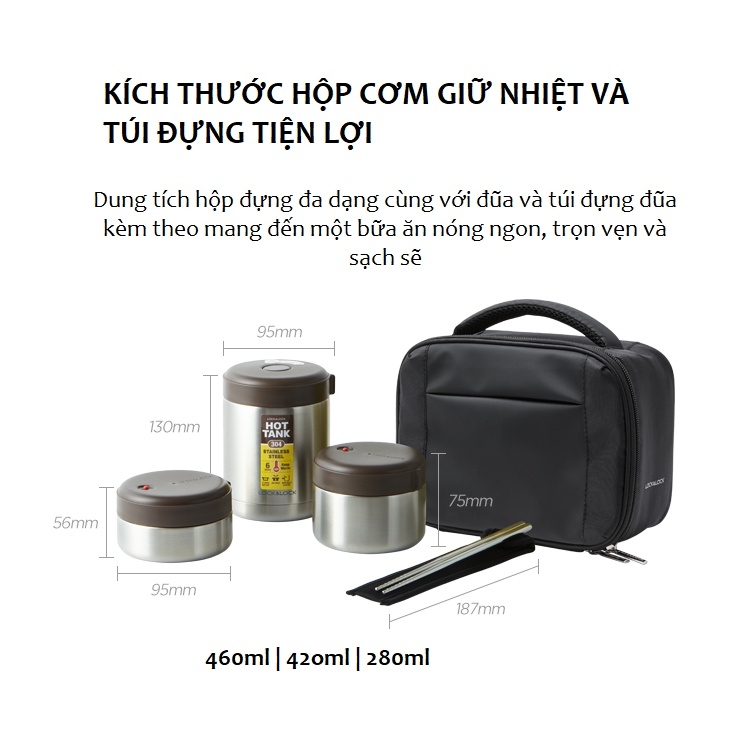 Bộ hộp cơm giữ nhiệt LocknLock 1 Lít 2 LHC8032SLV, Hàng chính hãng, 3 hộp đựng, có túi, đi kèm muỗng đũa - JoyMall