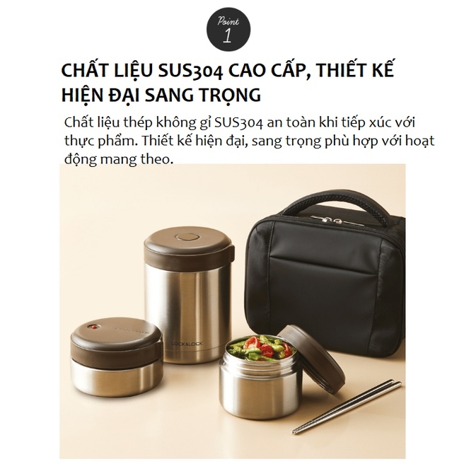 Bộ hộp cơm giữ nhiệt LocknLock 1 Lít 2 LHC8032SLV, Hàng chính hãng, 3 hộp đựng, có túi, đi kèm muỗng đũa - JoyMall