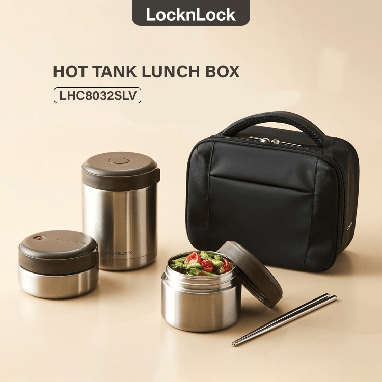 Bộ hộp cơm giữ nhiệt LocknLock 1 Lít 2 LHC8032SLV, Hàng chính hãng, 3 hộp đựng, có túi, đi kèm muỗng đũa - JoyMall