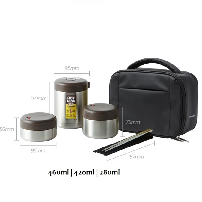 Bộ hộp cơm giữ nhiệt LocknLock 1 Lít 2 LHC8032SLV, Hàng chính hãng, 3 hộp đựng, có túi, đi kèm muỗng đũa - JoyMall