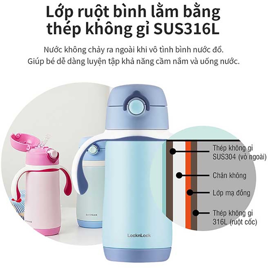 Bình giữ nhiệt trẻ em 330ml LocknLock Cozy Kids Straw Tumbler LHC4236, Hàng chính hãng, thép không gỉ 316 - JoyMall