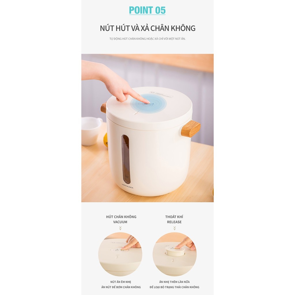 Thùng đựng gạo 7L LocknLock Vacuum Rice Keeper EJR973WHT, Hàng chính hãng, tự động hút chân không, sạc không dây-JoyMall