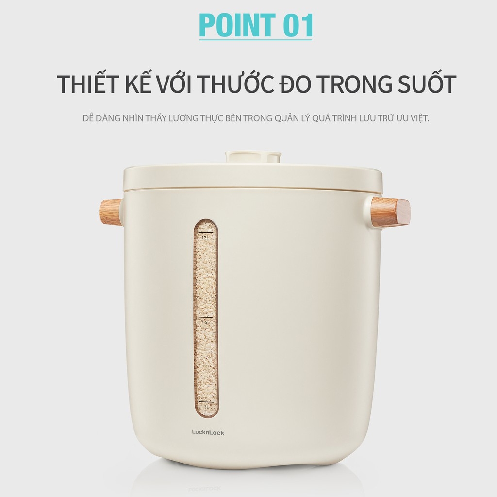 Thùng đựng gạo 7L LocknLock Vacuum Rice Keeper EJR973WHT, Hàng chính hãng, tự động hút chân không, sạc không dây-JoyMall