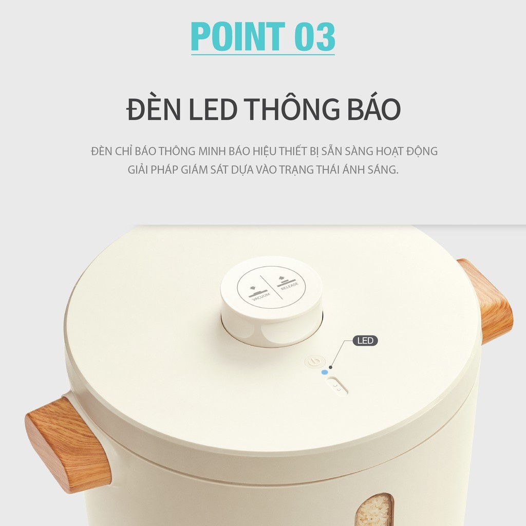 Thùng đựng gạo 7L LocknLock Vacuum Rice Keeper EJR973WHT, Hàng chính hãng, tự động hút chân không, sạc không dây-JoyMall