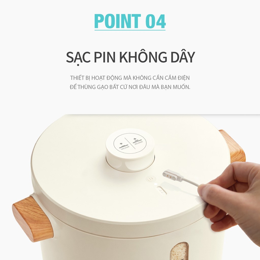 Thùng đựng gạo 7L LocknLock Vacuum Rice Keeper EJR973WHT, Hàng chính hãng, tự động hút chân không, sạc không dây-JoyMall