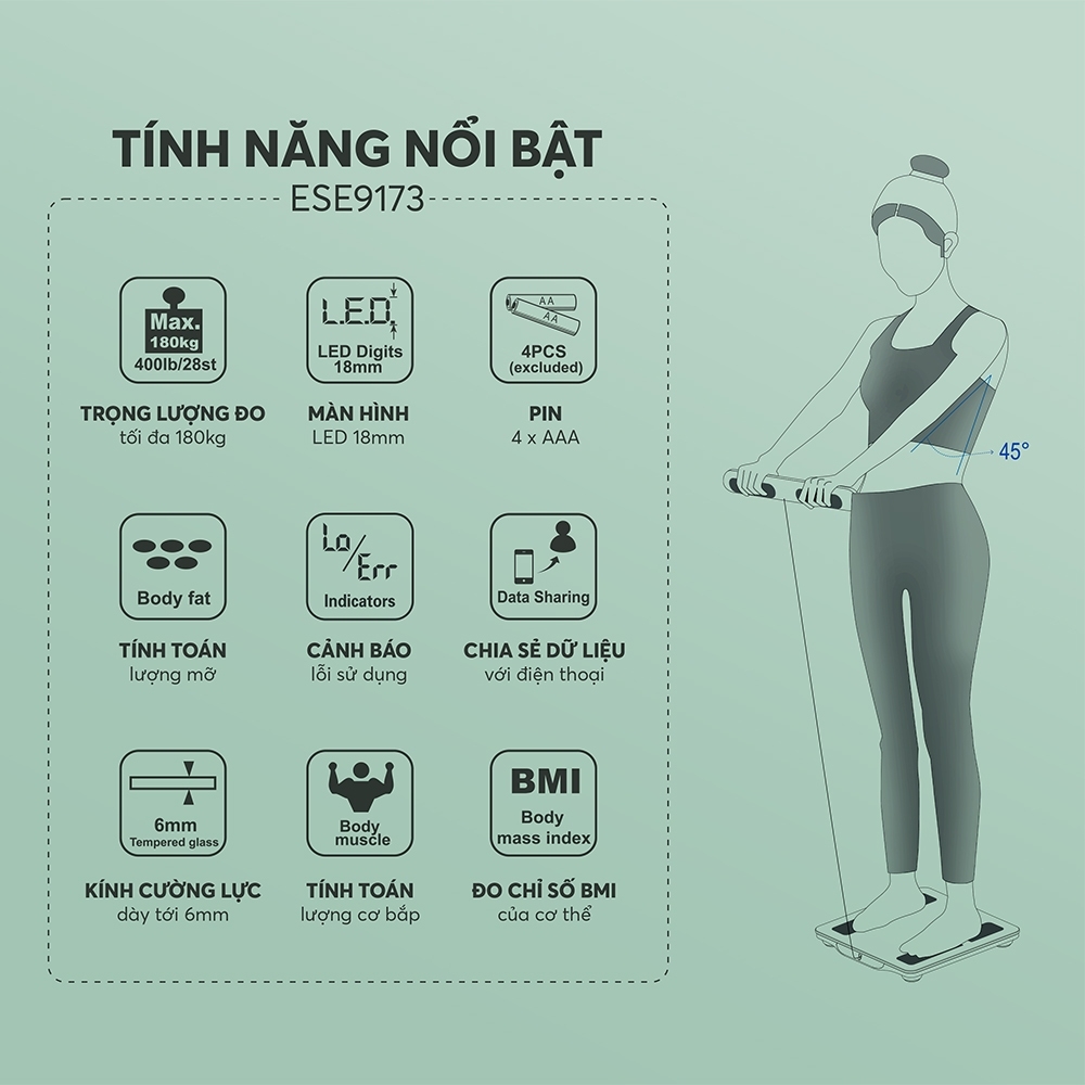 Cân Sức Khỏe Điện Tử Elmich ESE9173, Hàng Chính Hãng, Màn LCD, Mặt Kính Chịu Lực, Có Tay Cầm-JoyMall