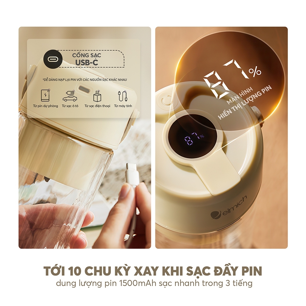 Máy Xay Sinh Tố Cầm Tay Elmich BLE9187 340ml 70W,Hàng Chính Hãng,Cối Thủy Tinh 2 Lớp Cao Cấp-JoyMall