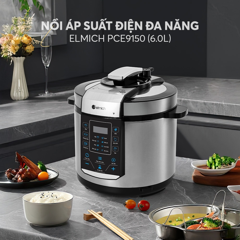 Nồi Áp Suất Điện Đa Năng Elmich PCE9150 6L 1000W, Hàng Chính Hãng,Van Xả Áp An Toàn,8 Chế Độ-JoyMall