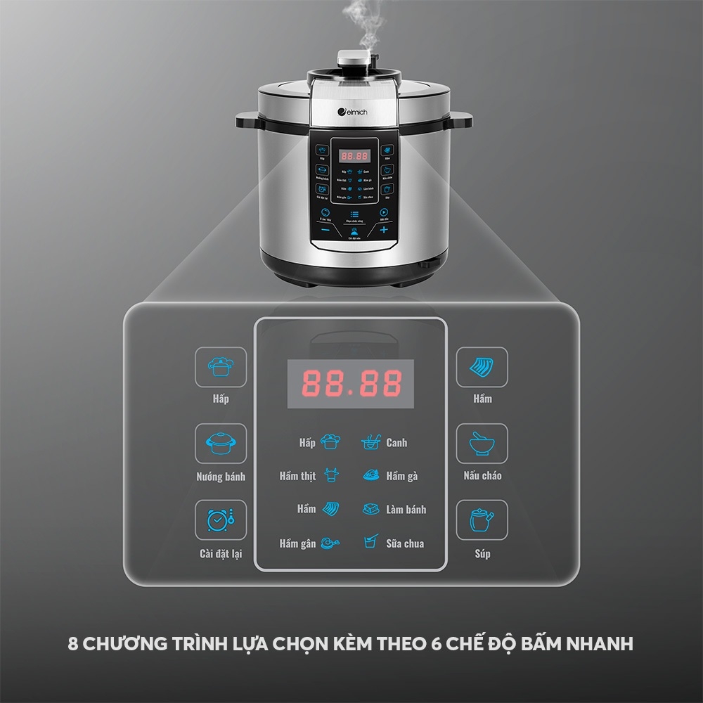 Nồi Áp Suất Điện Đa Năng Elmich PCE9150 6L 1000W, Hàng Chính Hãng,Van Xả Áp An Toàn,8 Chế Độ-JoyMall